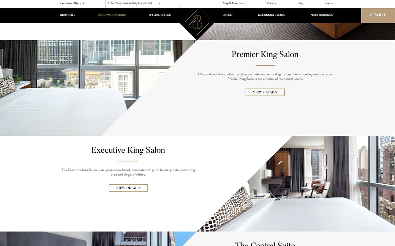 A screenshot of Hotel 28 Lex's site, showing room options that alternate position down the page