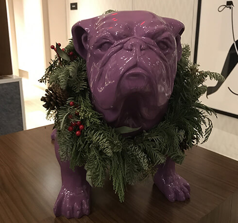 a purple bulldog statue