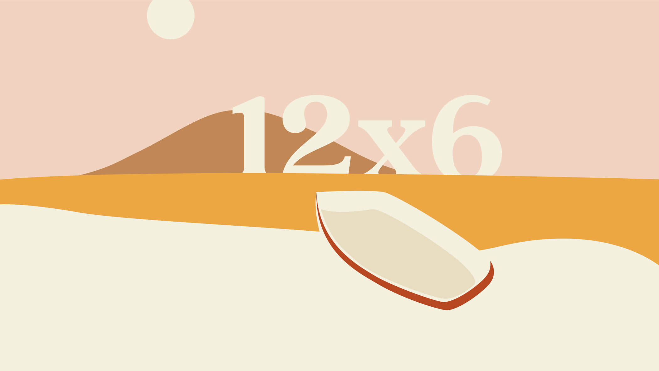 12x6 illustration of a beach, boat, and sun