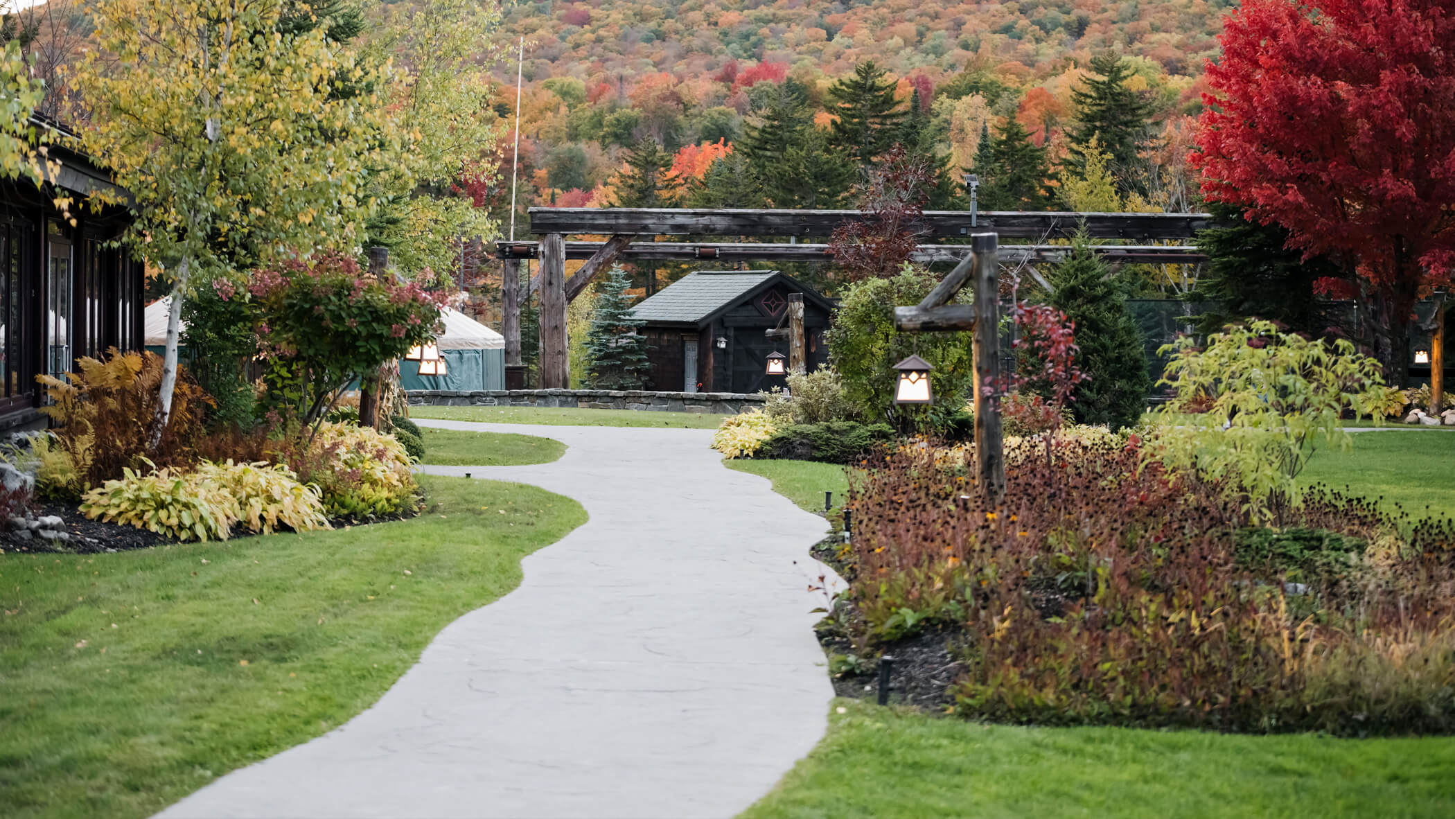 path on grounds of Whiteface Lodge with red foliage