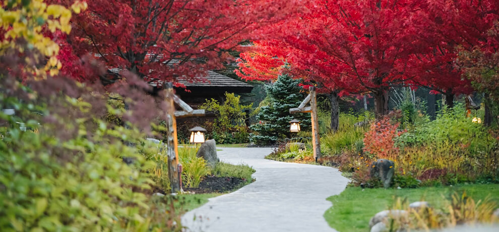 path on grounds of Whiteface Lodge with red foliage