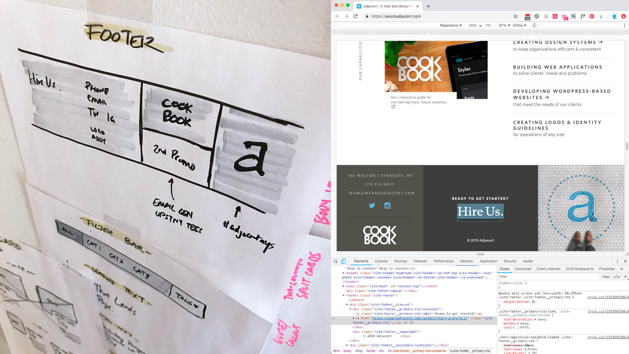 a paper sketch of our site footer, side by side with editing our coded footer with Chrome dev tools