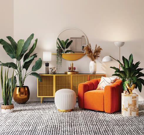 modern room with orange chair and plants