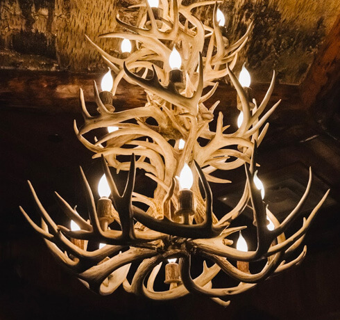 antler chandelier at Whiteface Lodge