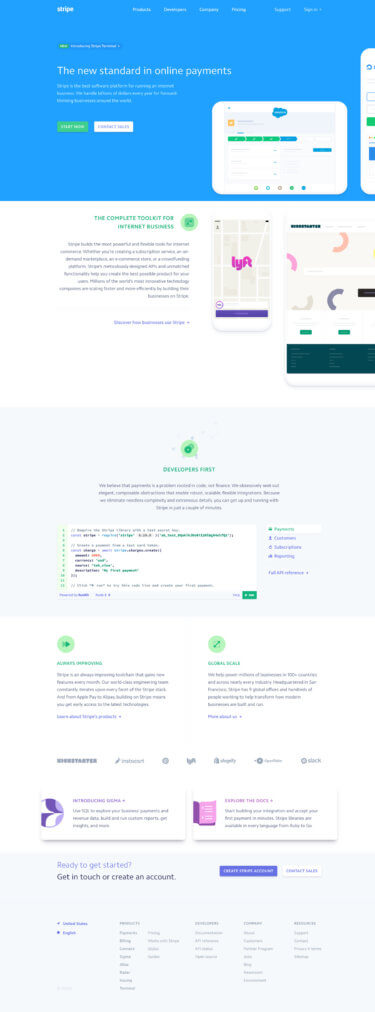 the stripe.com homepage without gradients, angles, or overlapping